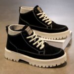 Vintage Suede High Top Work Boots | Knitted Sock Collar, Contrast Stitching Design, Chunky Anti-slip Platform Sole, Retro Streetwear Ankle Boots for Fall & Winter Daily Wear - 图片 2