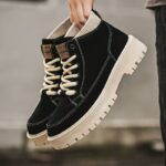 Vintage Suede High Top Work Boots | Knitted Sock Collar, Contrast Stitching Design, Chunky Anti-slip Platform Sole, Retro Streetwear Ankle Boots for Fall & Winter Daily Wear - 图片 3