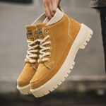 Vintage Suede High Top Work Boots | Knitted Sock Collar, Contrast Stitching Design, Chunky Anti-slip Platform Sole, Retro Streetwear Ankle Boots for Fall & Winter Daily Wear - 图片 4