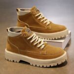 Vintage Suede High Top Work Boots | Knitted Sock Collar, Contrast Stitching Design, Chunky Anti-slip Platform Sole, Retro Streetwear Ankle Boots for Fall & Winter Daily Wear - 图片 5